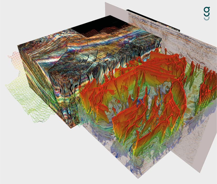 A 3D seismic volume rendered in a cloud-native interpretation pipeline. The cube's outer faces show a colour-banded amplitude reflection pattern (reds, oranges, blues), with horizon meshes draped in pale green and pink at the base, and a dense bouquet of interpreted fault surfaces highlighted in red-orange piercing through the volume. The Geoteric watermark sits in the top-right corner.